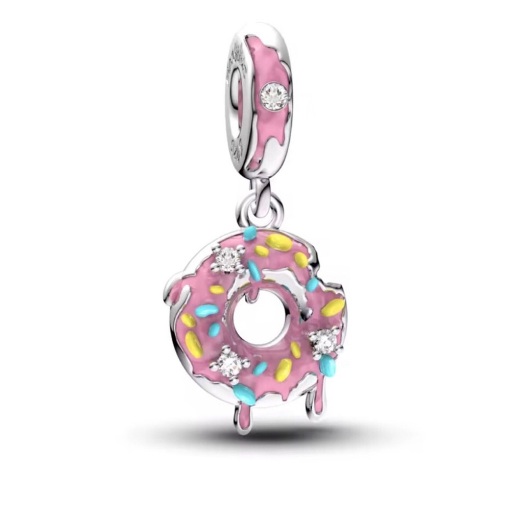 Pink Donut Dangle Charm Pendant - Pandora Style, Sterling Silver